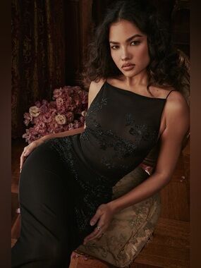 HOUSE OF CB 'Amirah' Black Mesh Crystal Embellished Midi Dress NWOT